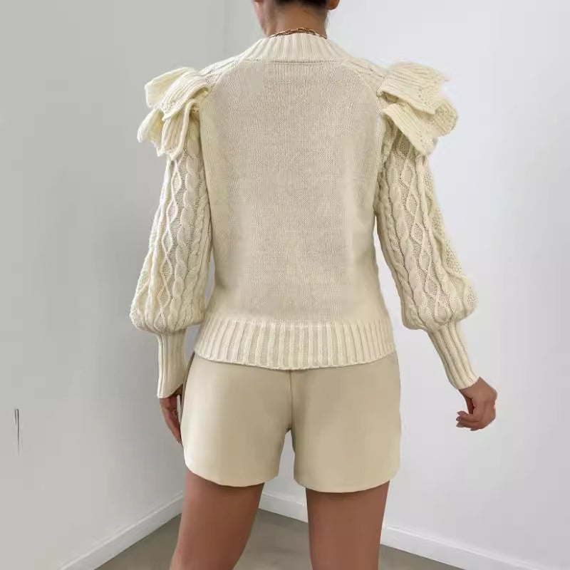 Cheri | Women's Ruffle Cable Knit Long Sleeve Sweater
