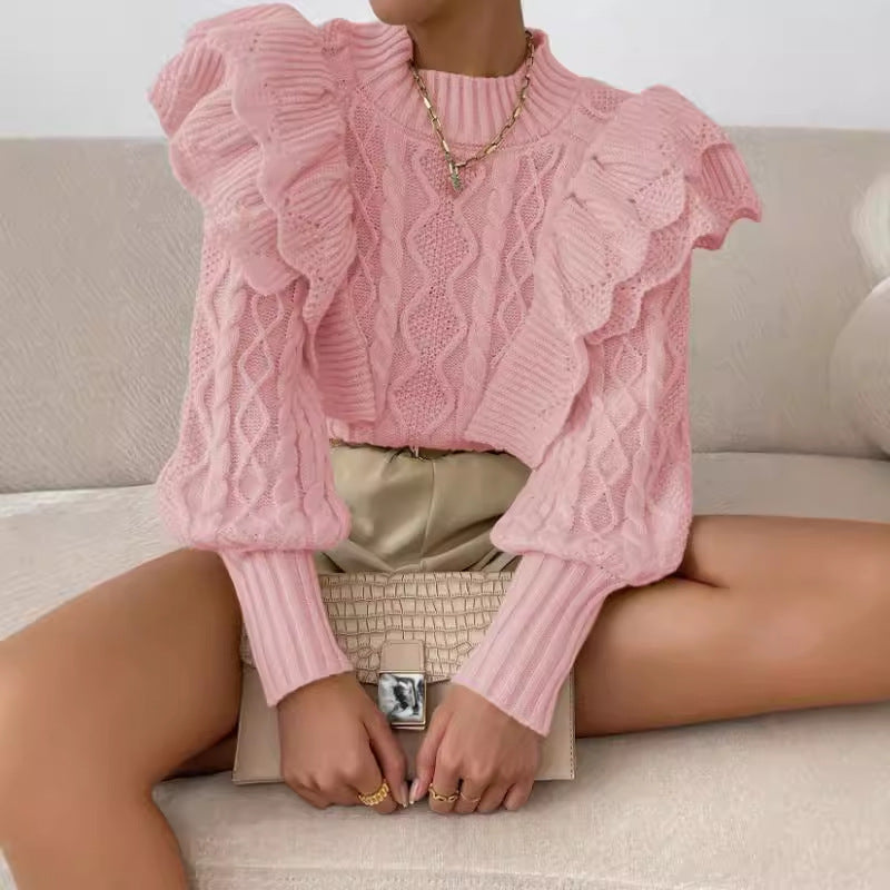 Cheri | Women's Ruffle Cable Knit Long Sleeve Sweater