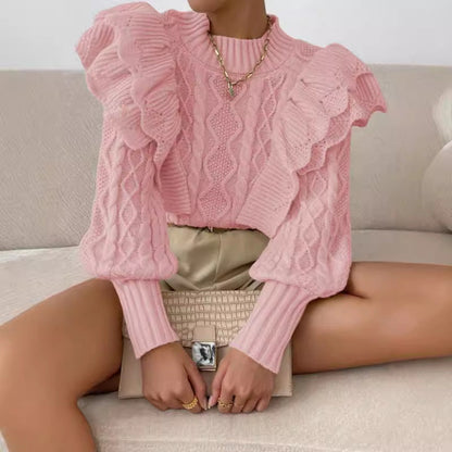 Cheri | Women's Ruffle Cable Knit Long Sleeve Sweater