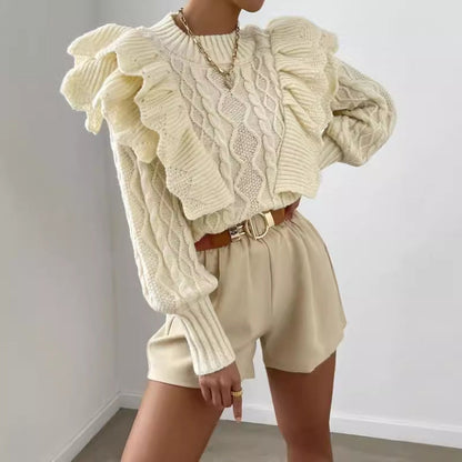 Cheri | Women's Ruffle Cable Knit Long Sleeve Sweater