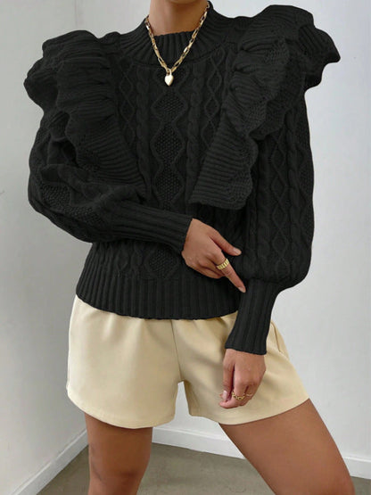 Cheri | Women's Ruffle Cable Knit Long Sleeve Sweater