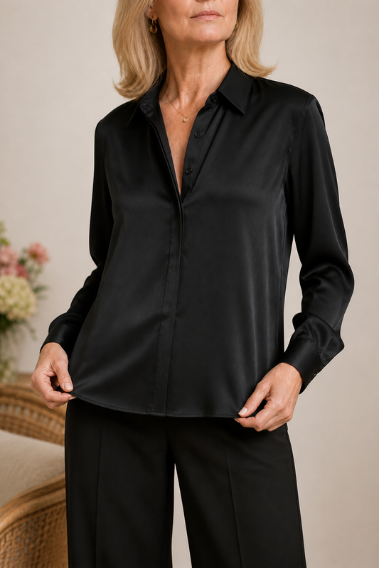 Concealed Placket Long-Sleeve Satin Blouse