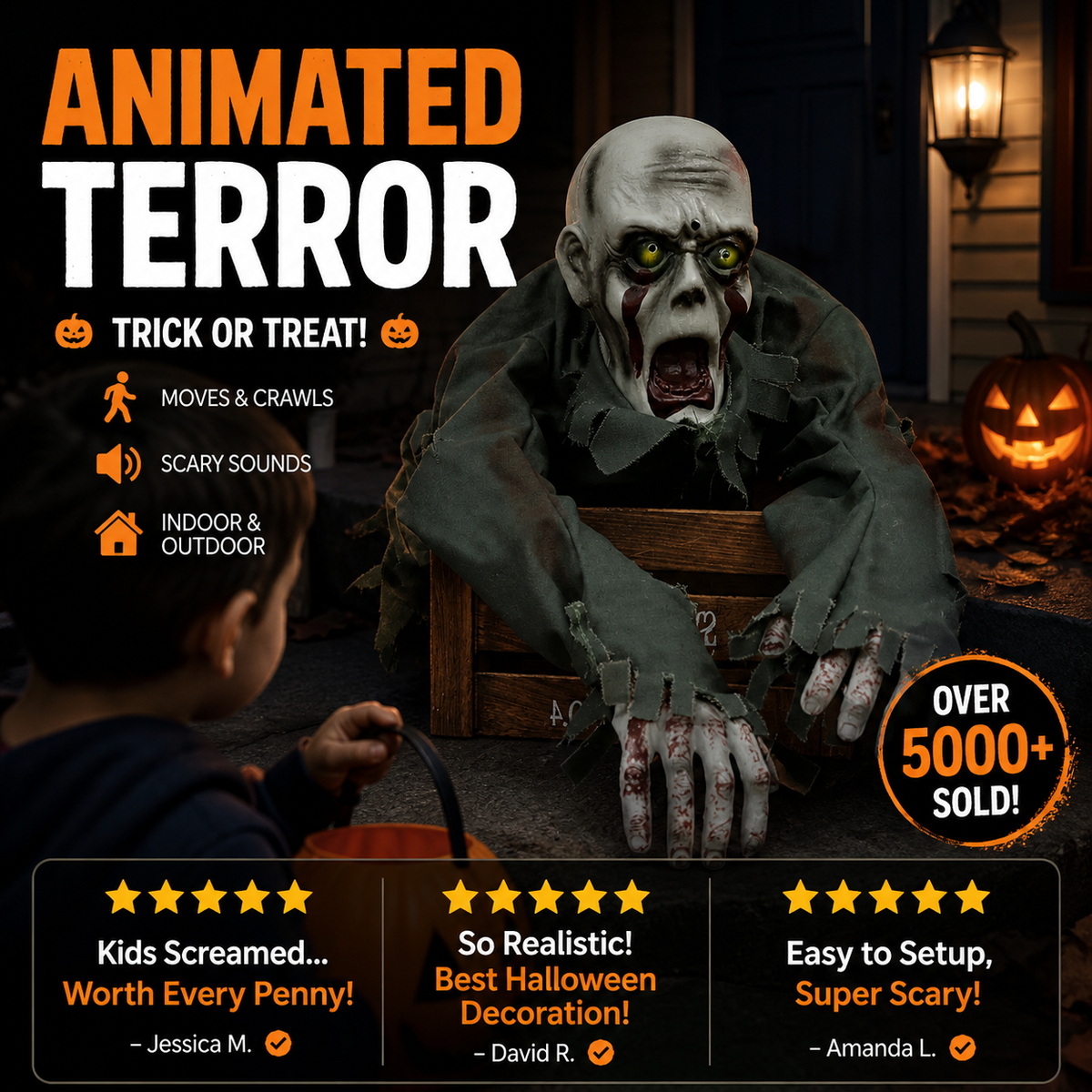 Crawling Ghost Prop | Animated Halloween Decoration with Glowing Eyes & Sound