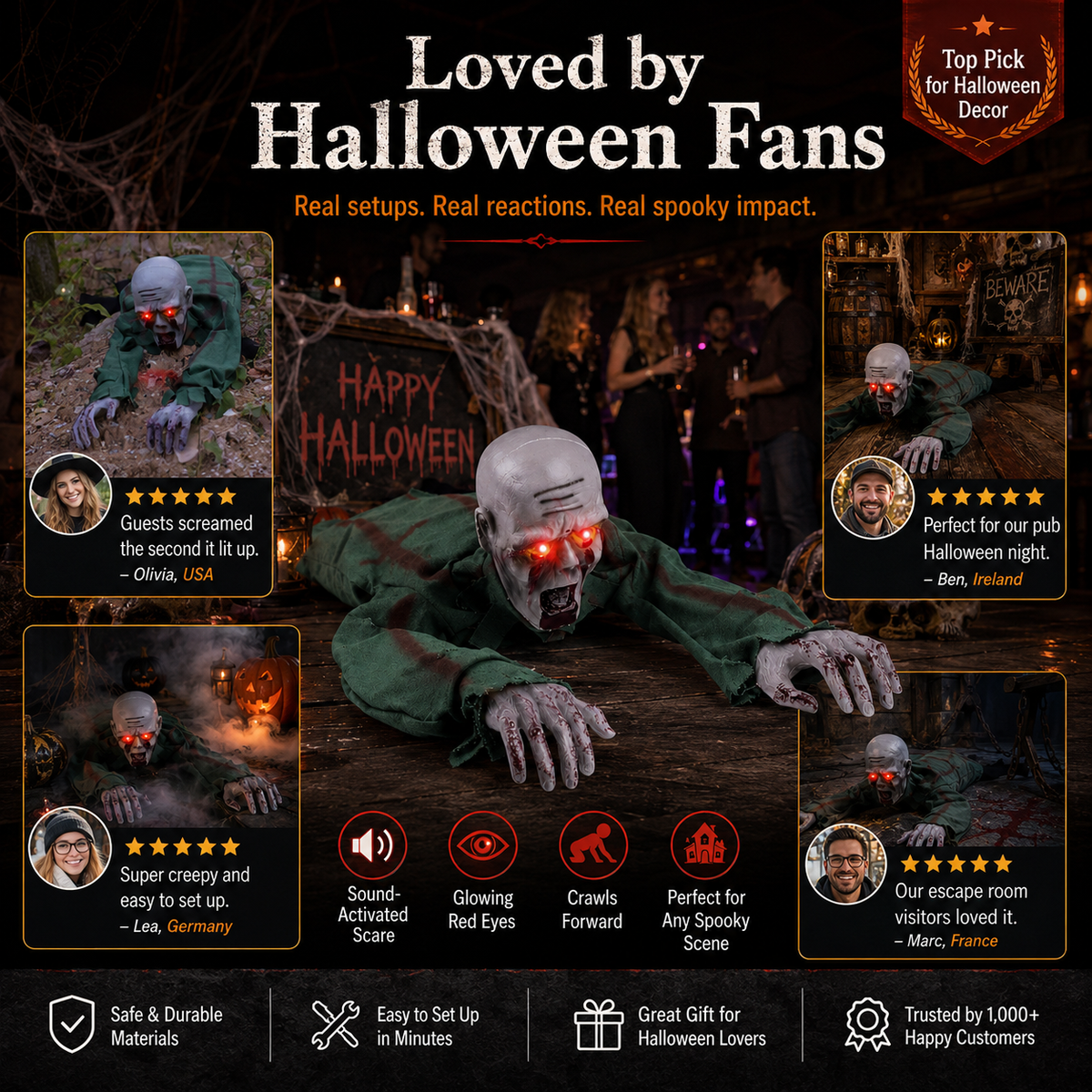 Crawling Ghost Prop | Animated Halloween Decoration with Glowing Eyes & Sound