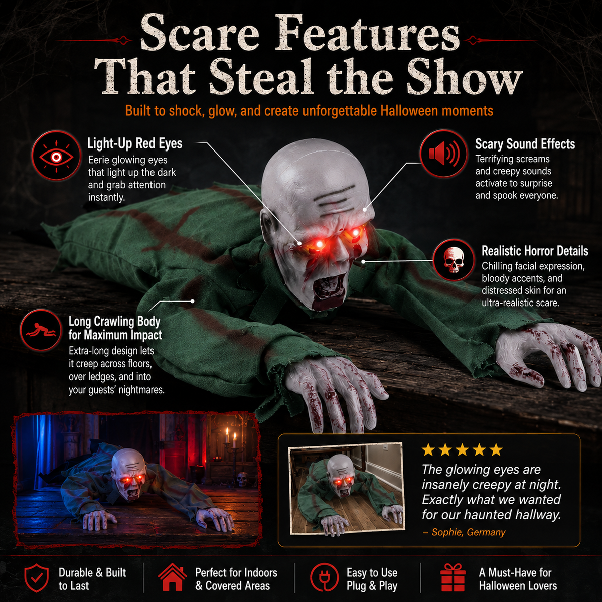 Crawling Ghost Prop | Animated Halloween Decoration with Glowing Eyes & Sound