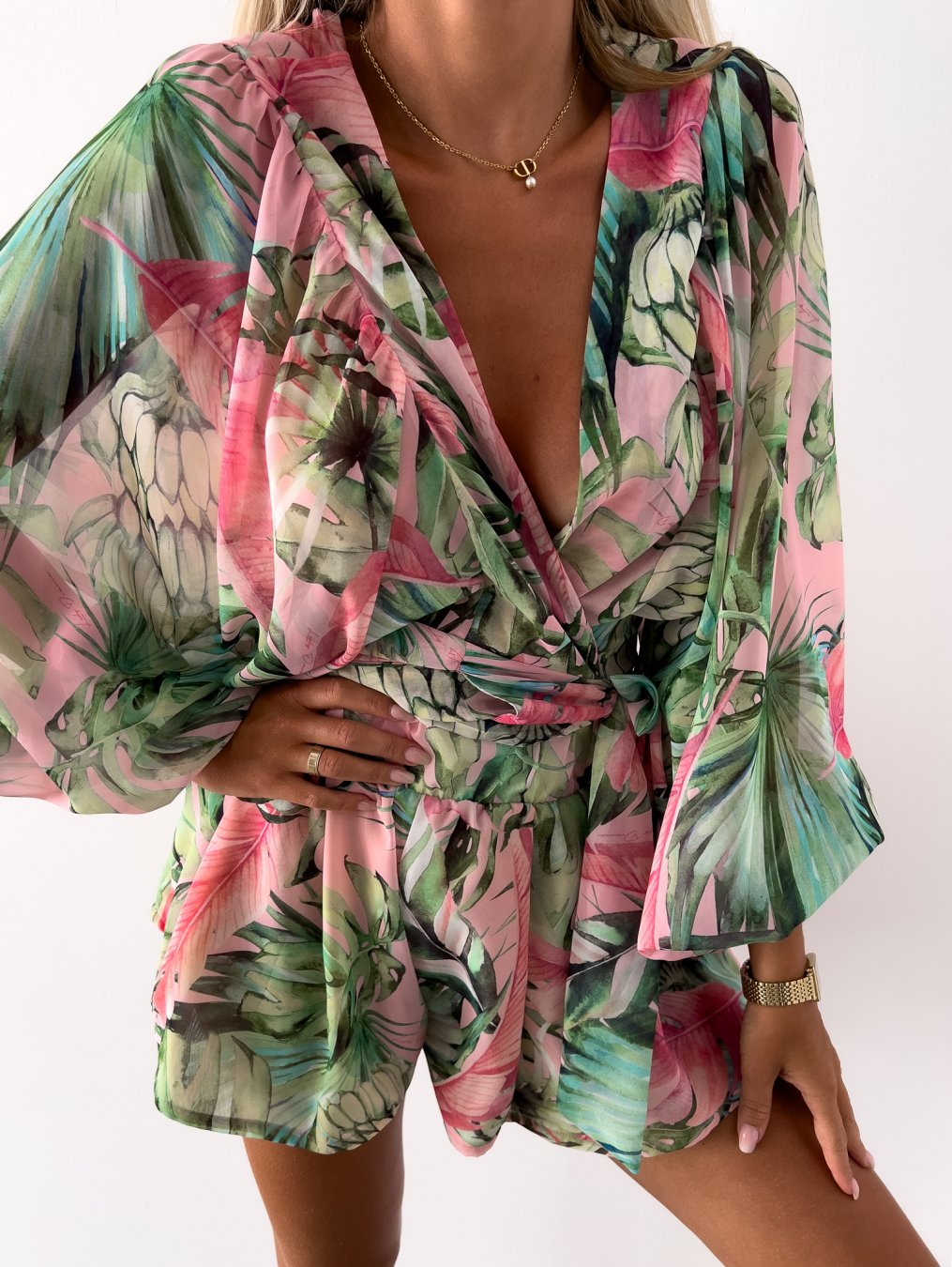 Elaine | Women's Tropical Print Wrap Top Two-Piece Set