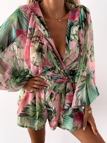Elaine | Women's Tropical Print Wrap Top Two-Piece Set
