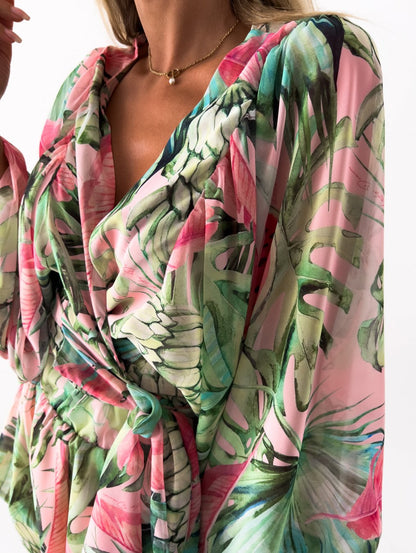 Elaine | Women's Tropical Print Wrap Top Two-Piece Set