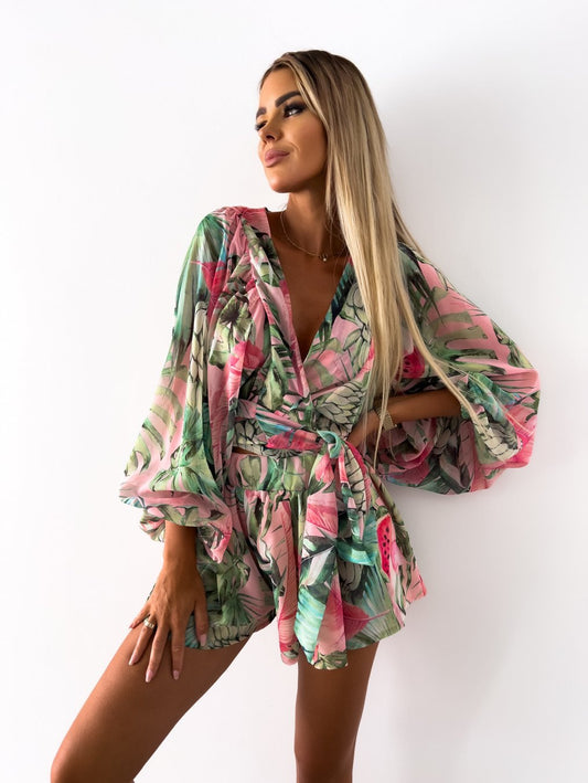 Elaine | Women's Tropical Print Wrap Top Two-Piece Set