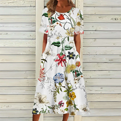 Elegant Floral Summer Midi Dress with Loose Fit