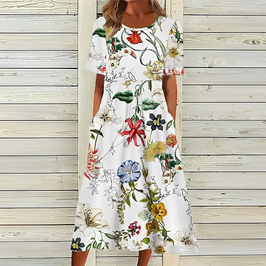 Elegant Floral Summer Midi Dress with Loose Fit