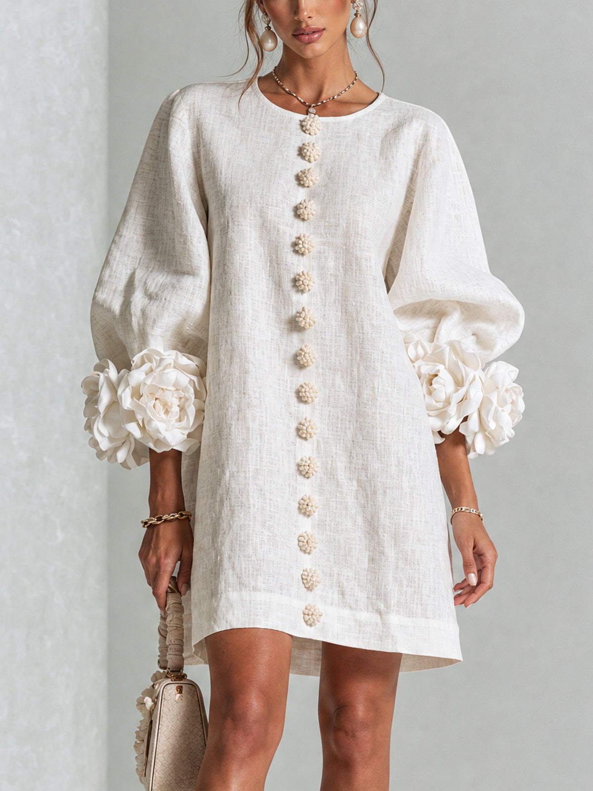 Floral-Cuff Button Mini Dress