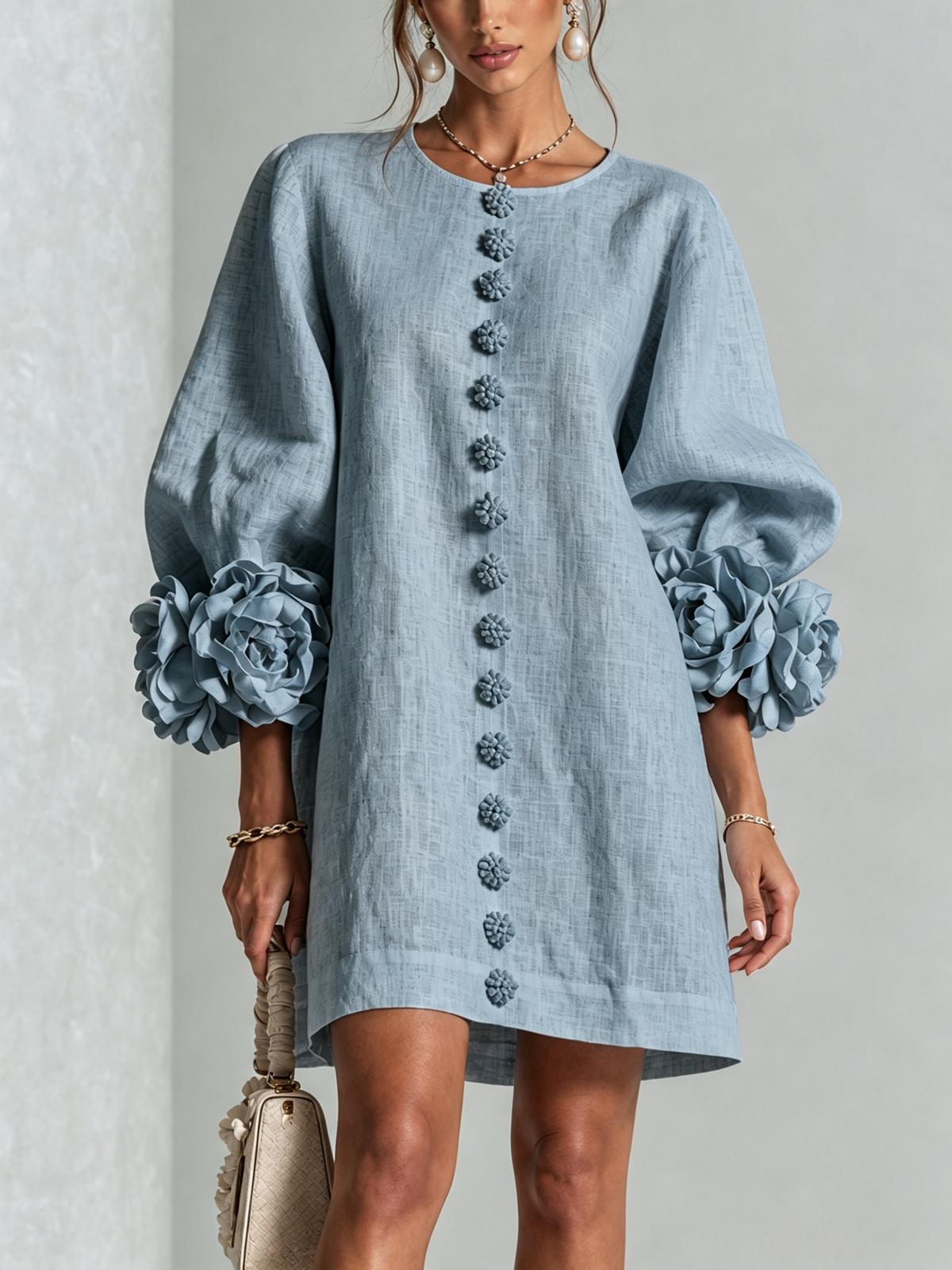 Floral-Cuff Button Mini Dress