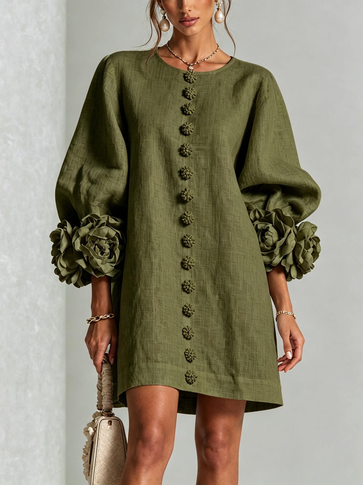 Floral-Cuff Button Mini Dress