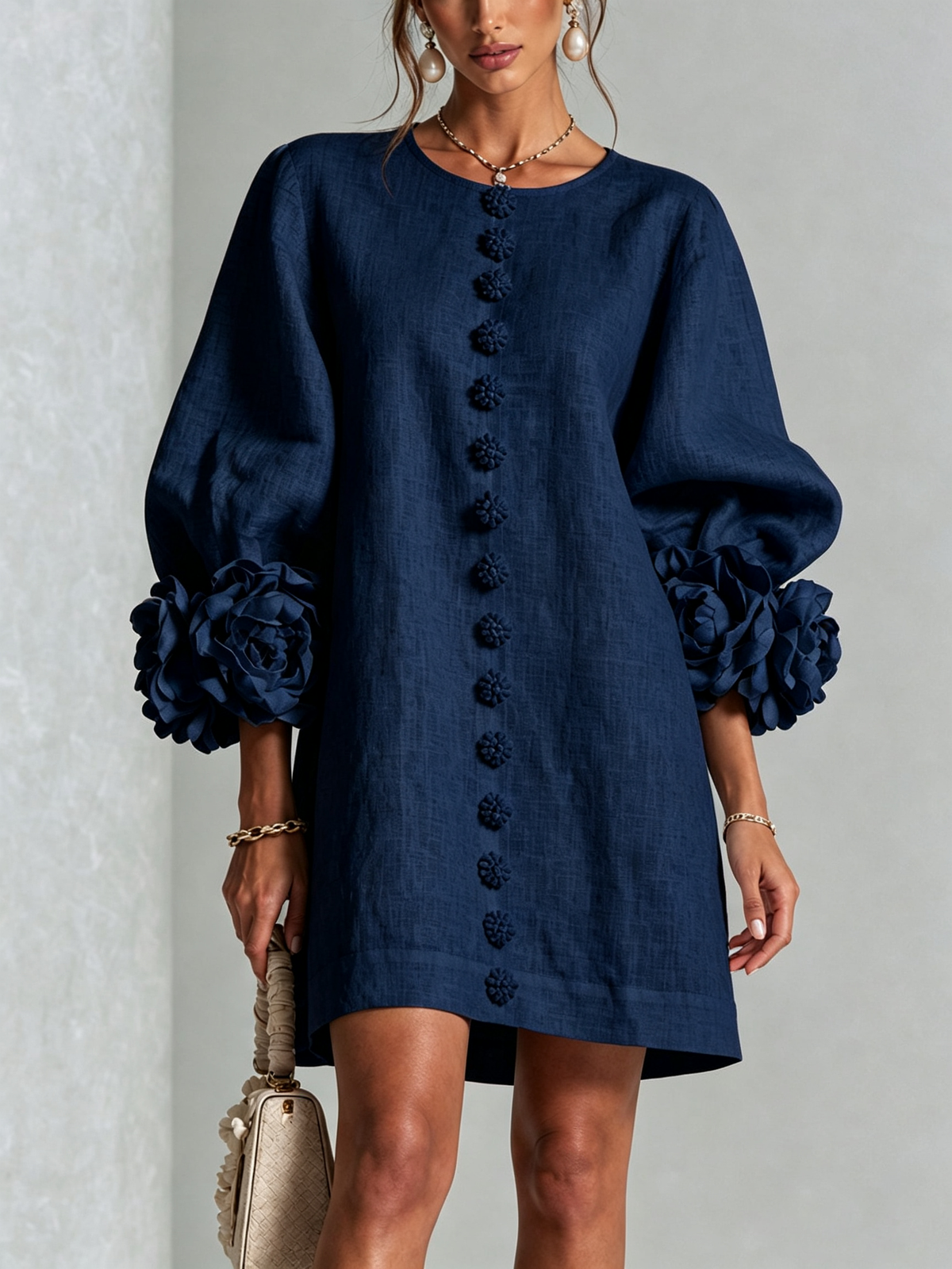 Floral-Cuff Button Mini Dress