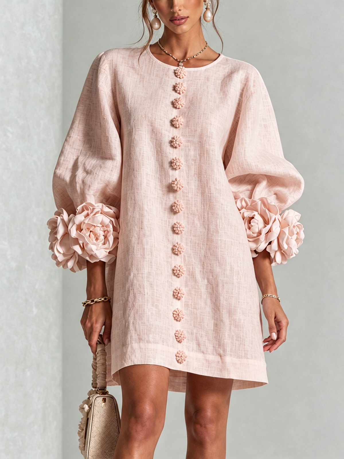 Floral-Cuff Button Mini Dress