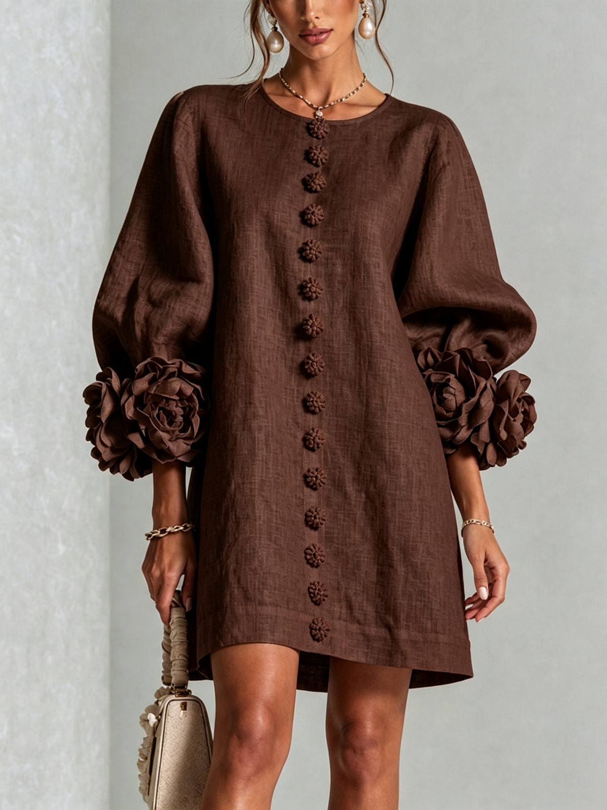 Floral-Cuff Button Mini Dress
