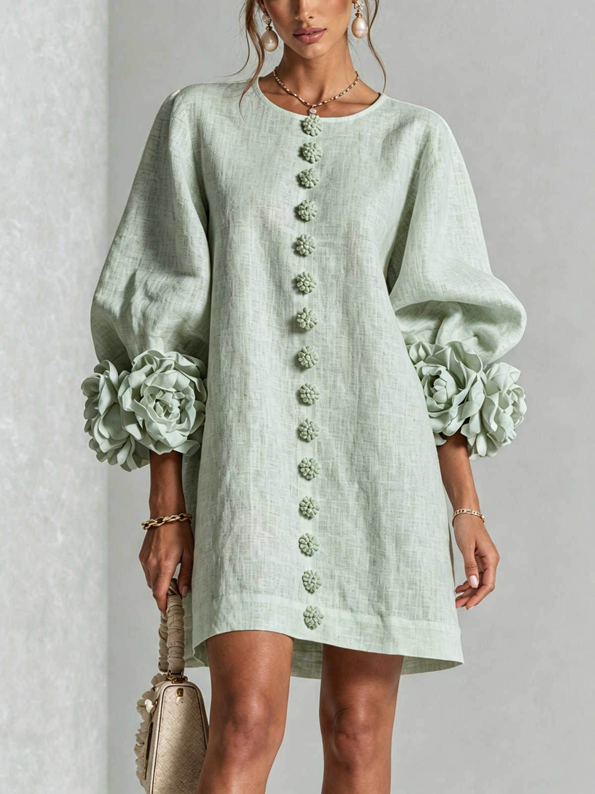 Floral-Cuff Button Mini Dress