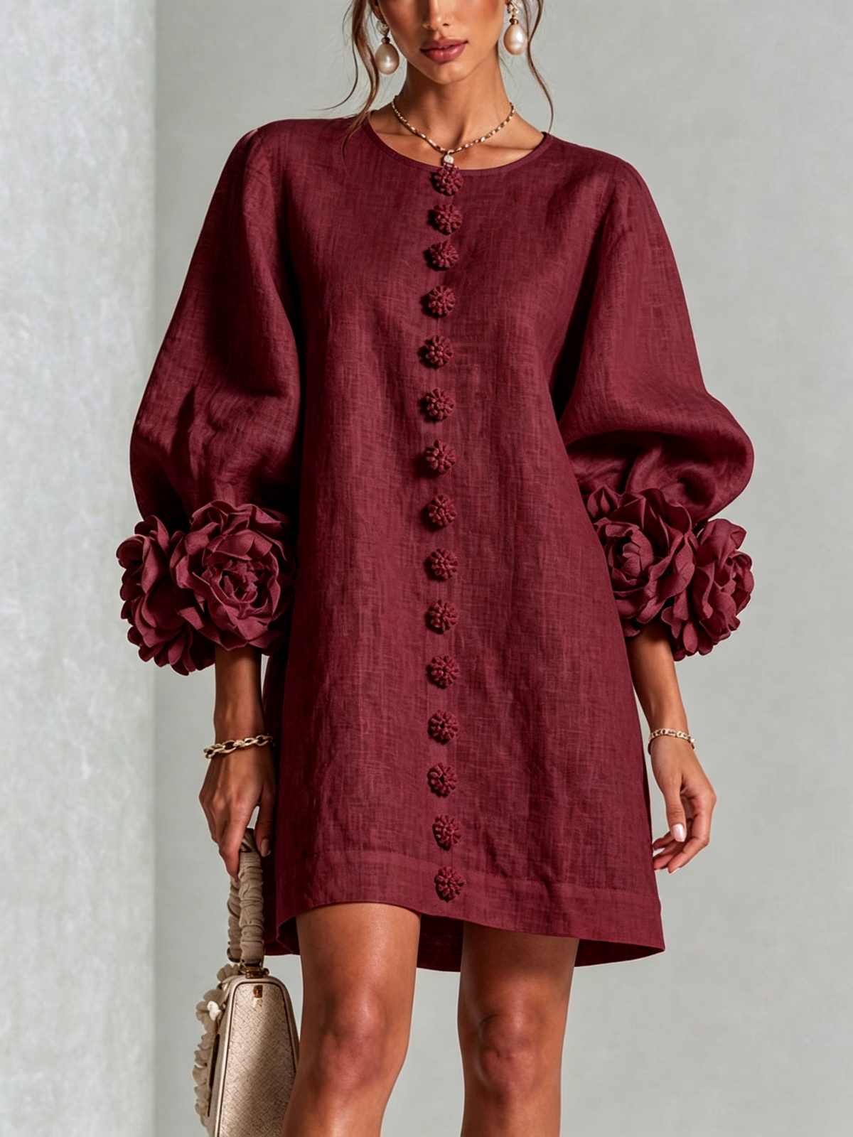 Floral-Cuff Button Mini Dress