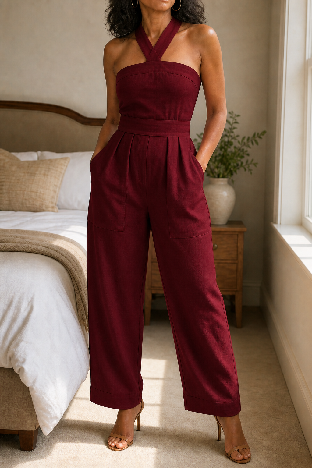 Halter-Neck Wide-Leg Jumpsuit with Defined Waist