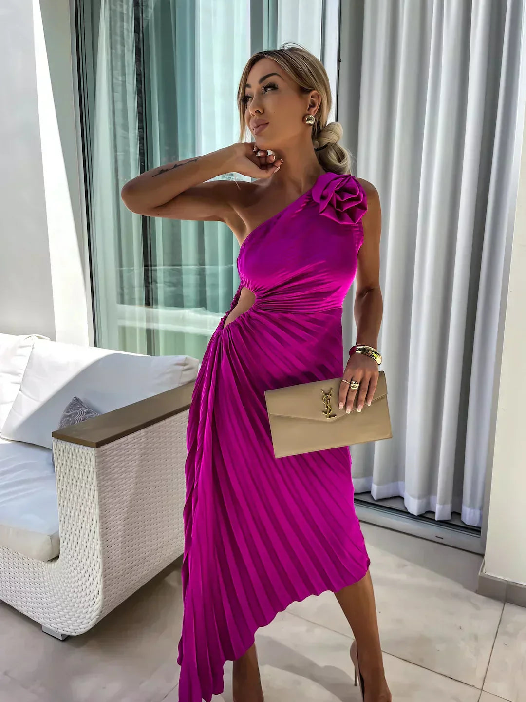 Jane | Women's One Shoulder Pleated Midi Dress