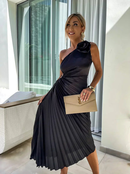 Jane | Women's One Shoulder Pleated Midi Dress