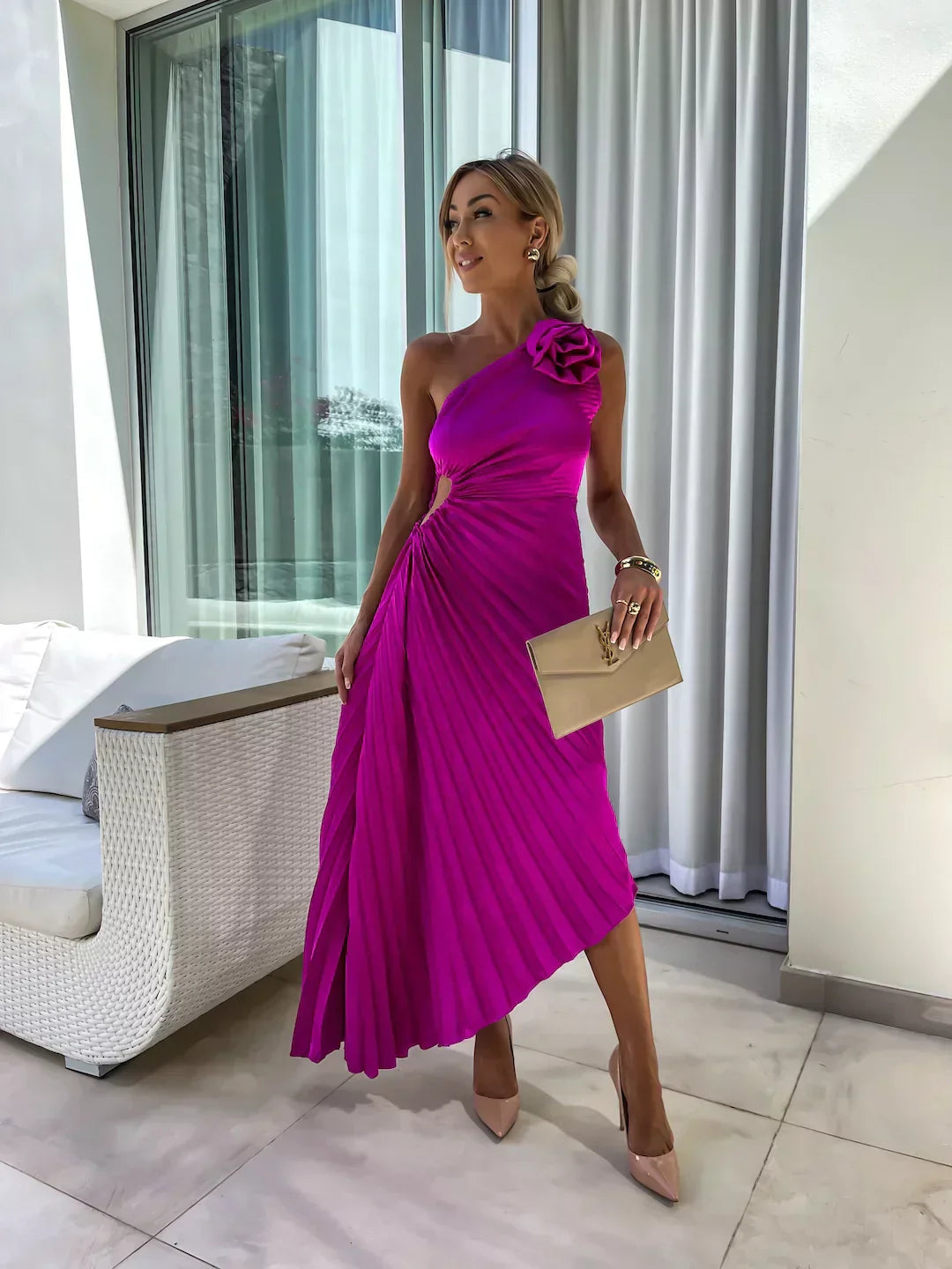 Jane | Women's One Shoulder Pleated Midi Dress