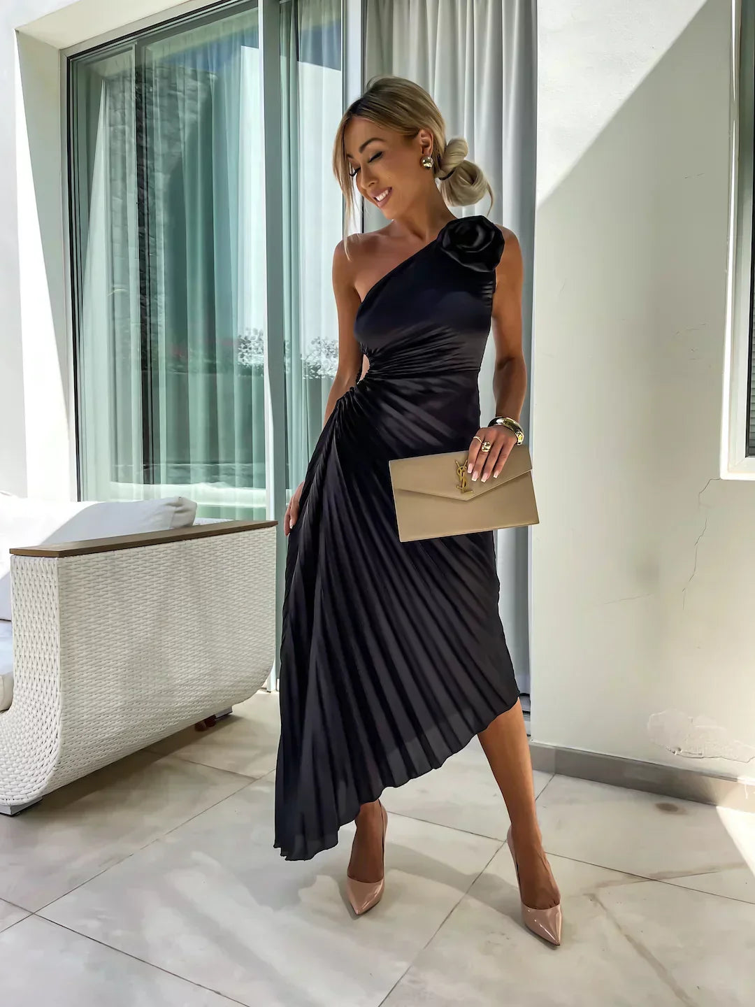 Jane | Women's One Shoulder Pleated Midi Dress