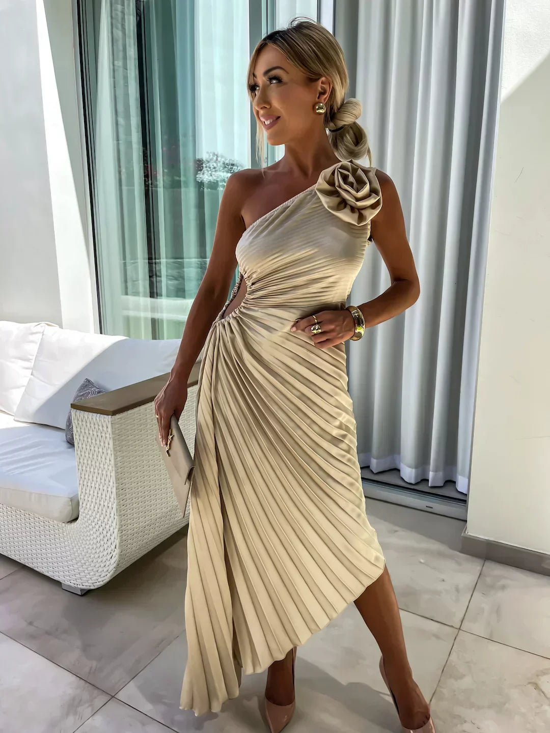 Jane | Women's One Shoulder Pleated Midi Dress