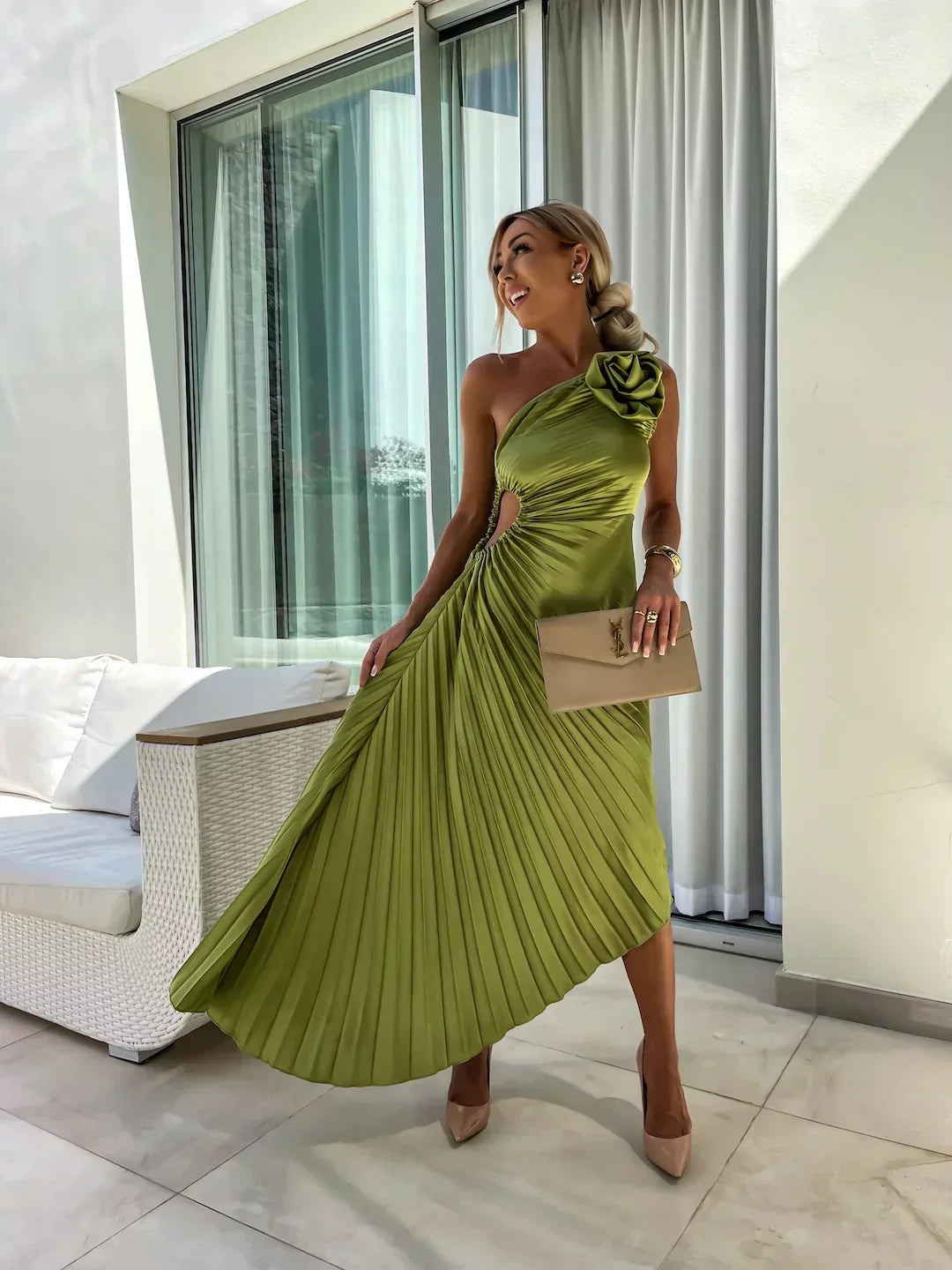 Jane | Women's One Shoulder Pleated Midi Dress