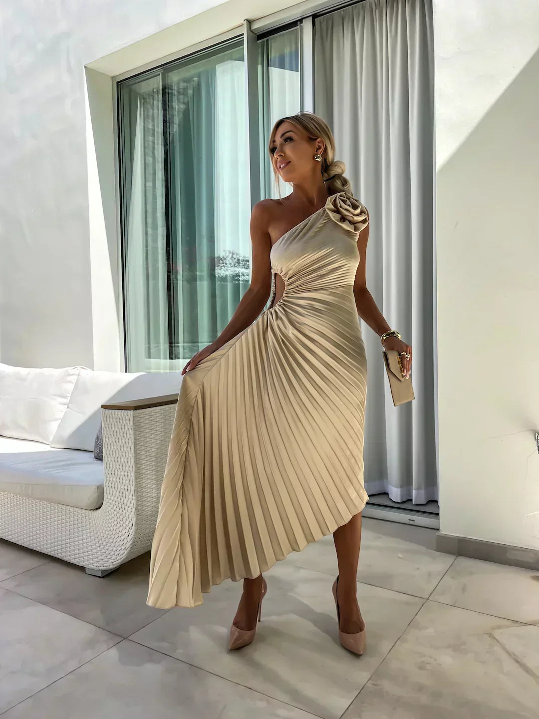 Jane | Women's One Shoulder Pleated Midi Dress