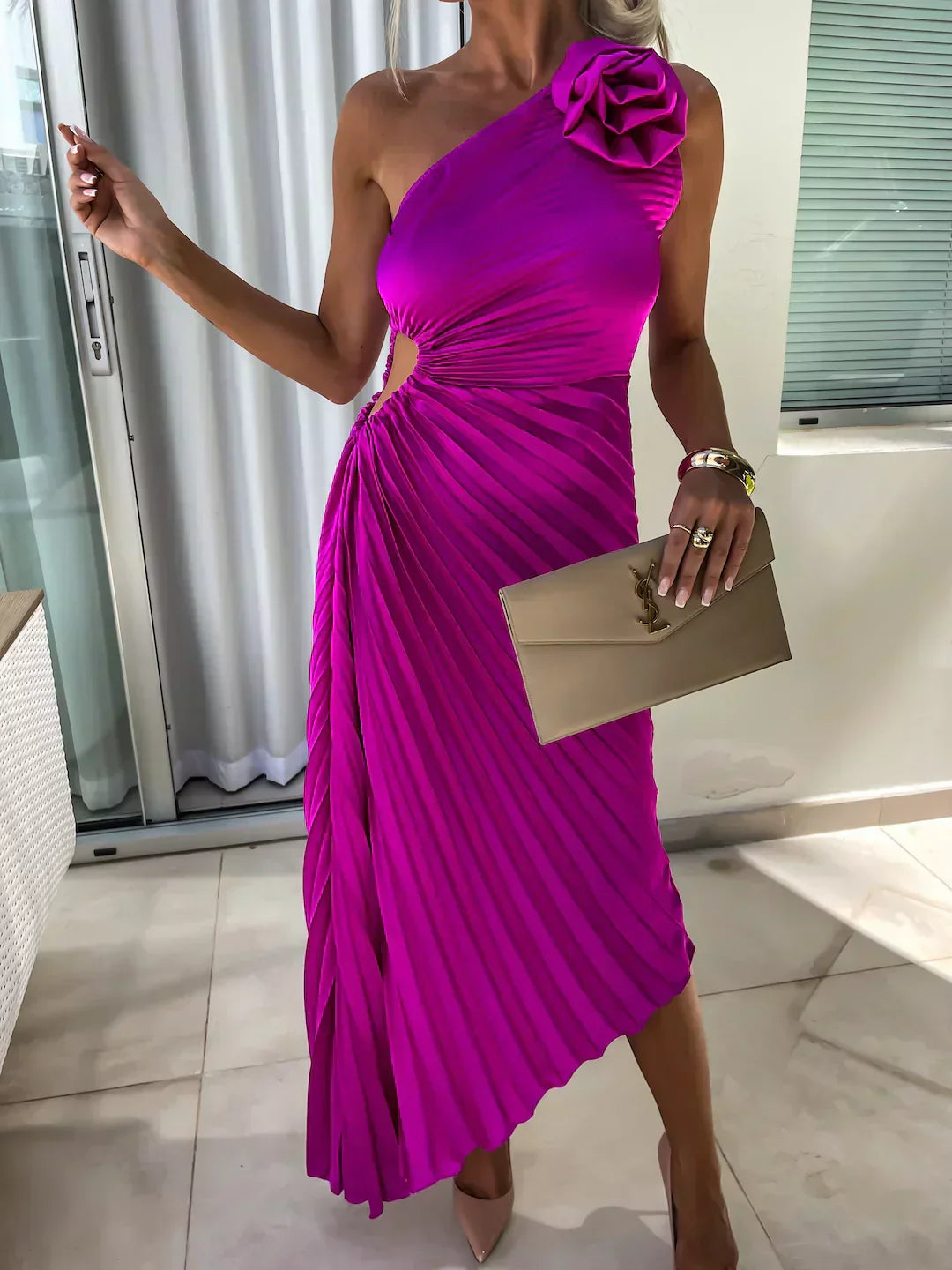 Jane | Women's One Shoulder Pleated Midi Dress