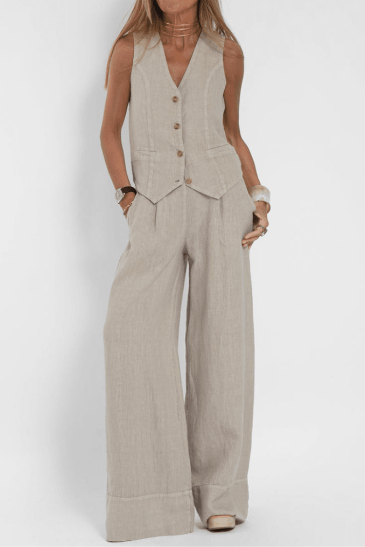 Jennifer | Women's Button-Front Sleeveless Vest and Wide Leg Pants Set