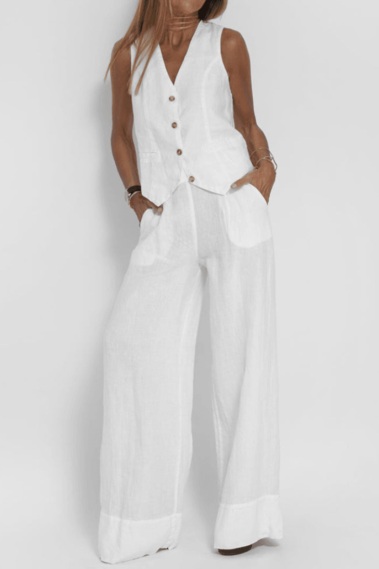 Jennifer | Women's Button-Front Sleeveless Vest and Wide Leg Pants Set