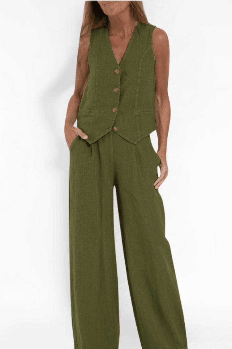 Jennifer | Women's Button-Front Sleeveless Vest and Wide Leg Pants Set