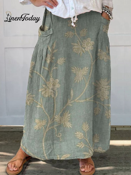 Linen Floral Maxi Skirt