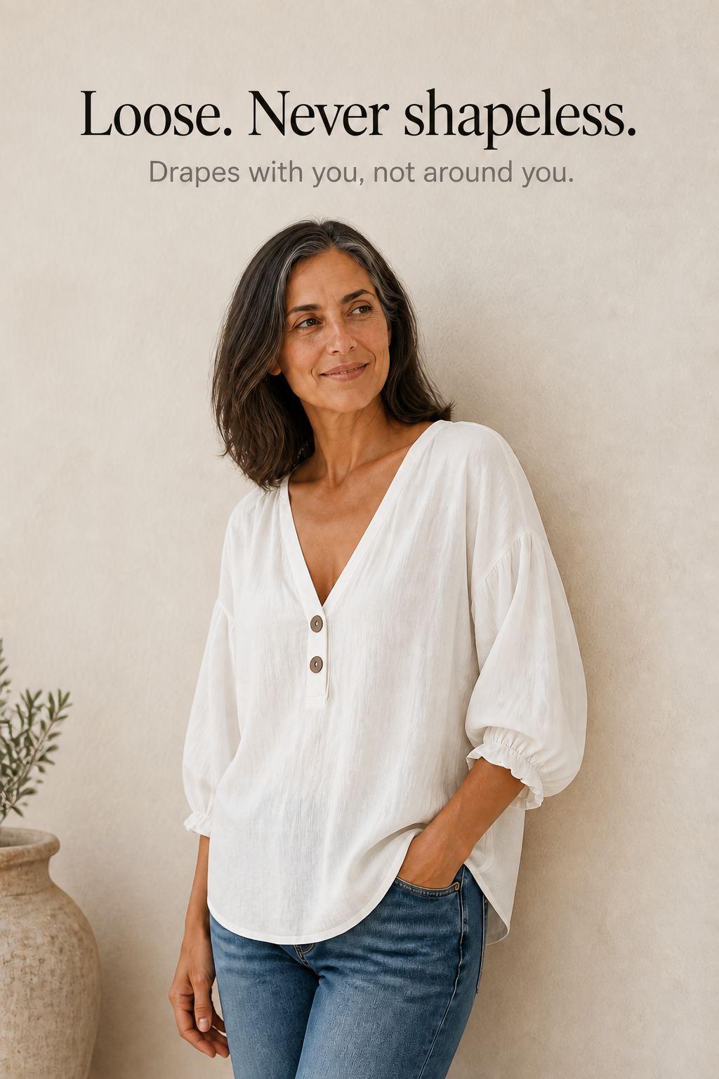 Loose V-Neck Linen-Look Blouse