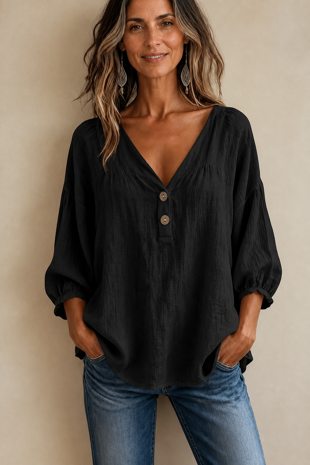 Loose V-Neck Linen-Look Blouse