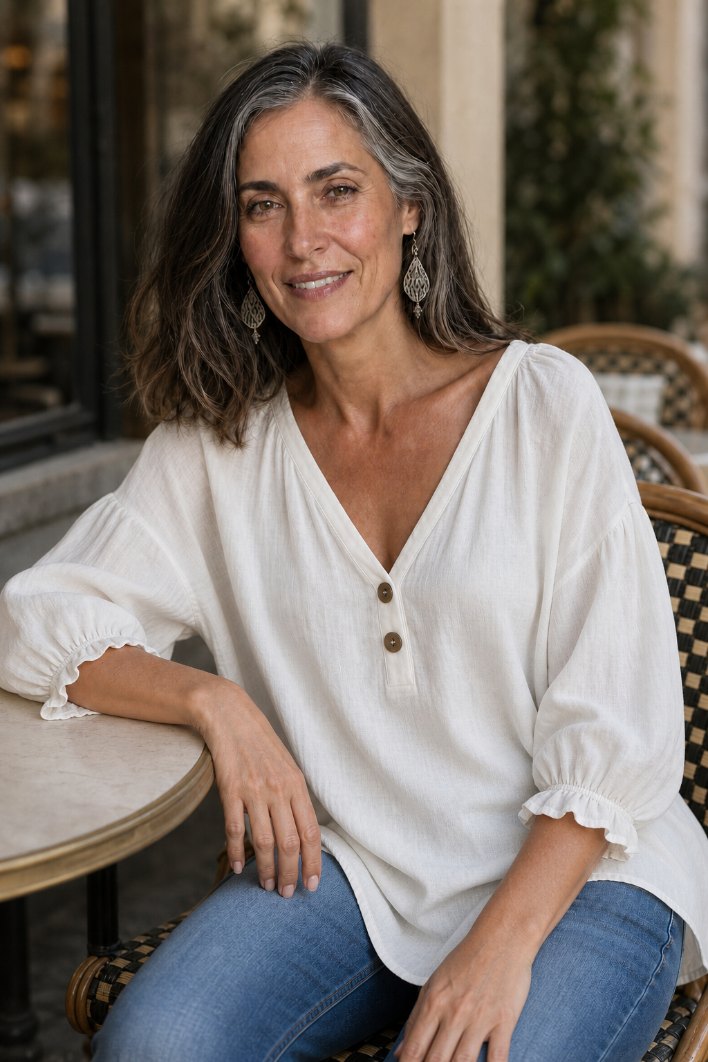 Loose V-Neck Linen-Look Blouse