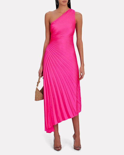 Lori | Women's One Shoulder Midi Pleated Dress