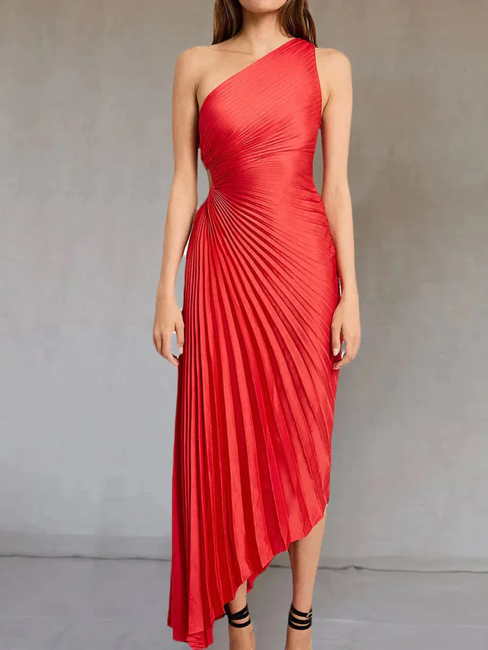 Lori | Women's One Shoulder Midi Pleated Dress