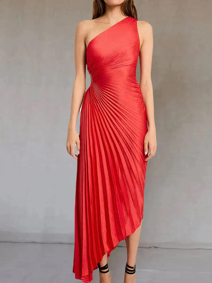 Lori | Women's One Shoulder Midi Pleated Dress