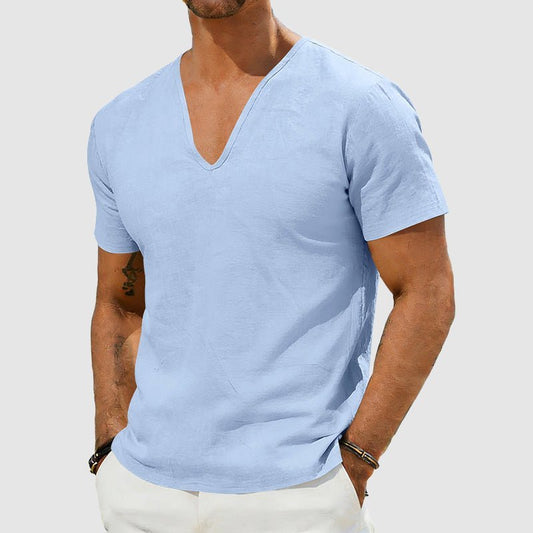 Men's Breathable Linen Short Sleeve V-Neck T-Shirt