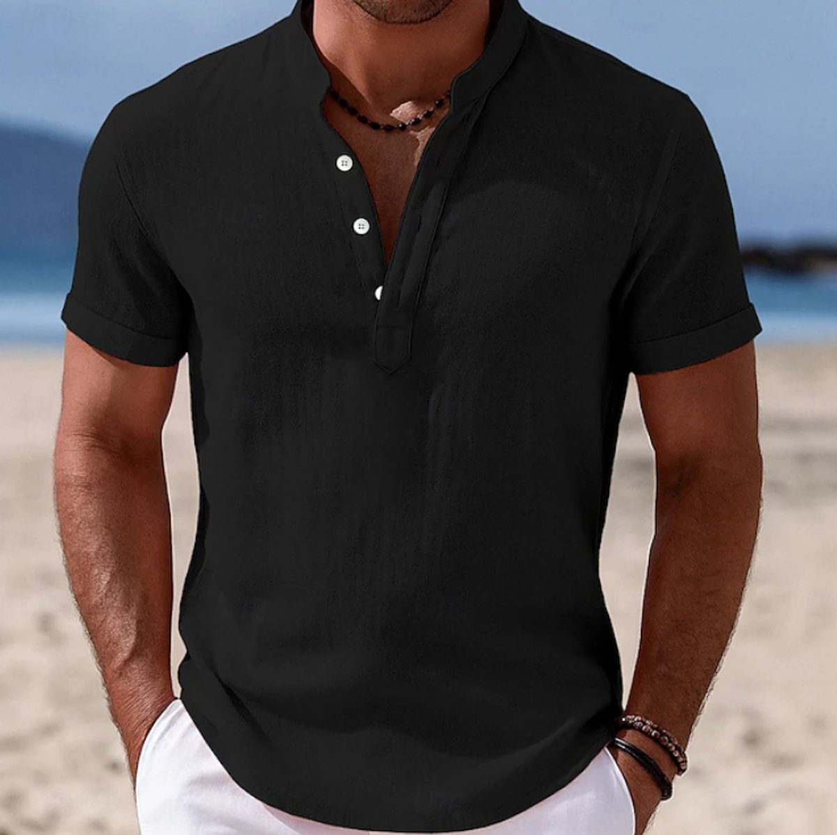 Men's Lightweight Linen-Feel Short-Sleeve Henley Button-Up Shirt