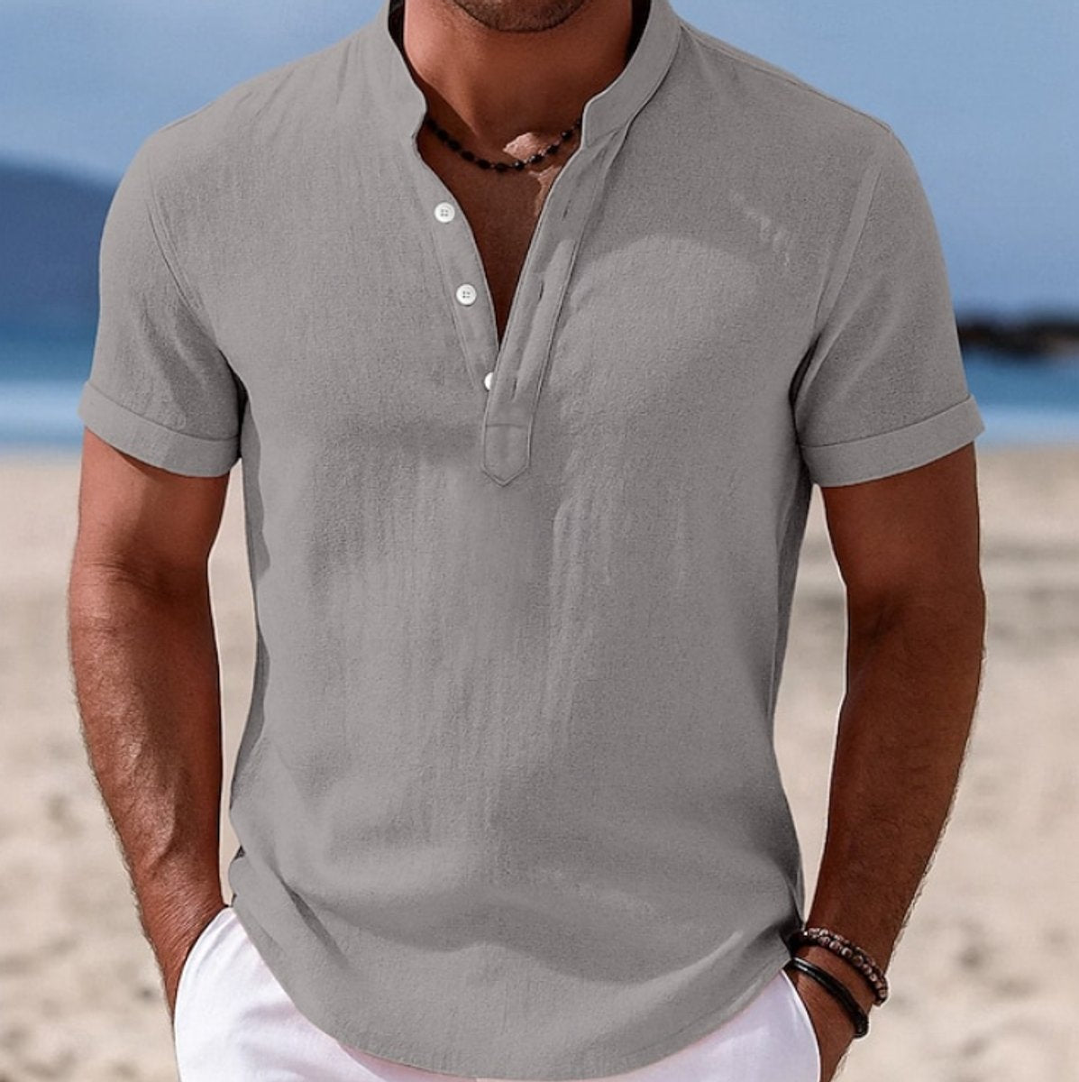Men's Lightweight Linen-Feel Short-Sleeve Henley Button-Up Shirt