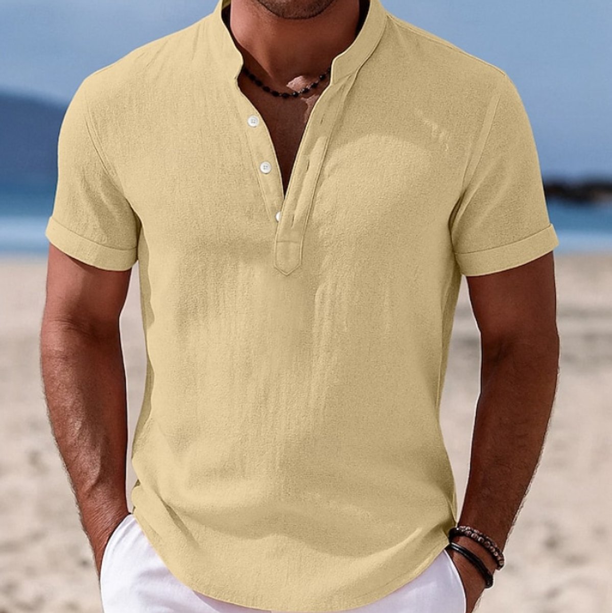 Men's Lightweight Linen-Feel Short-Sleeve Henley Button-Up Shirt