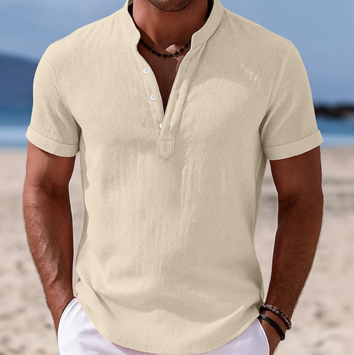 Men's Lightweight Linen-Feel Short-Sleeve Henley Button-Up Shirt