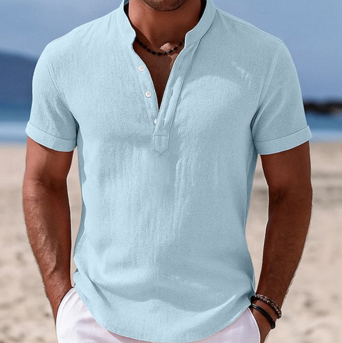 Men's Lightweight Linen-Feel Short-Sleeve Henley Button-Up Shirt