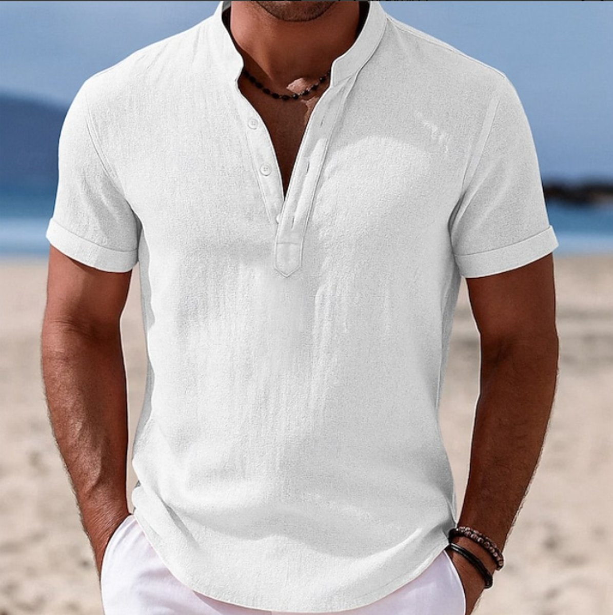 Men's Lightweight Linen-Feel Short-Sleeve Henley Button-Up Shirt
