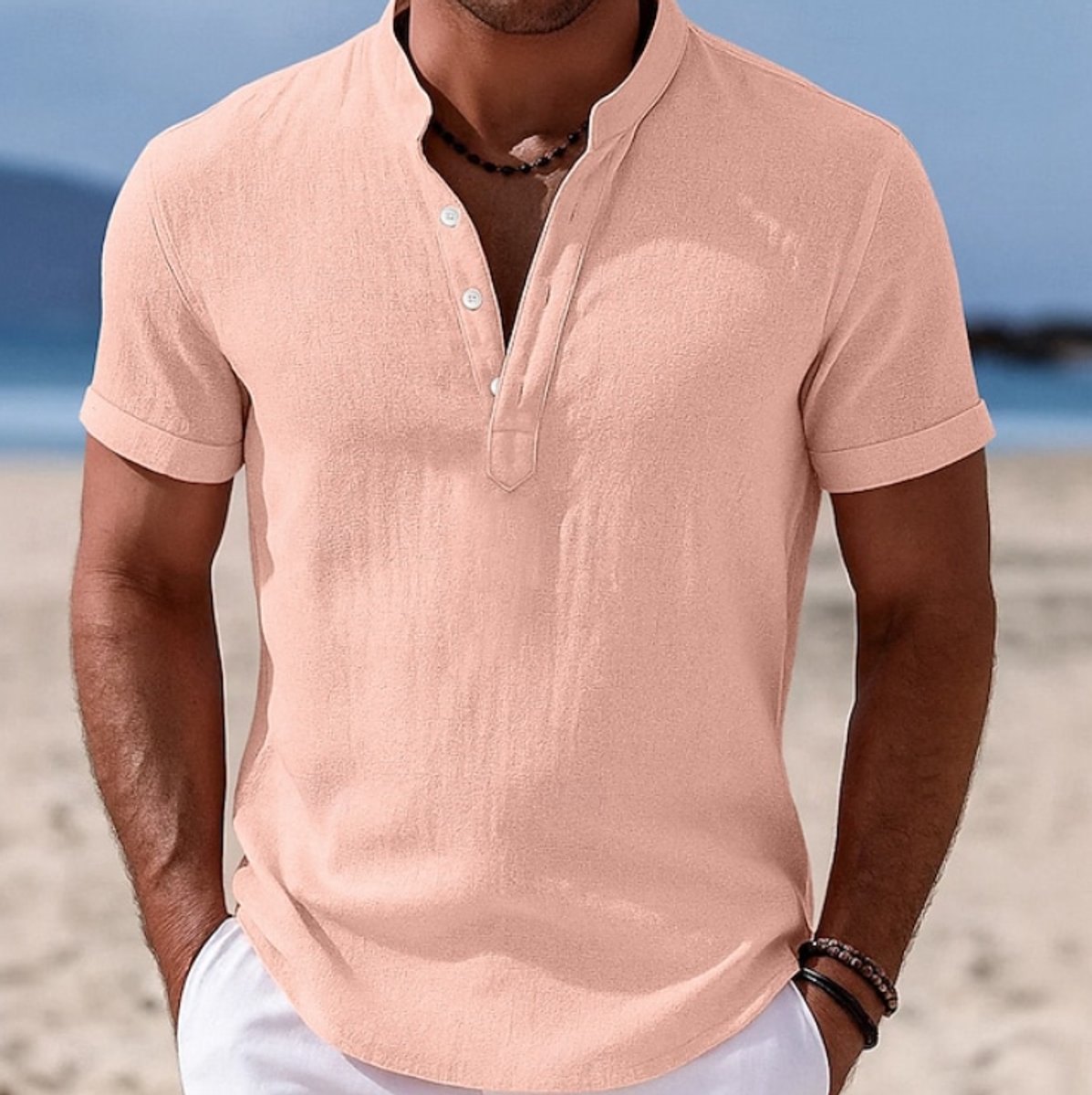 Men's Lightweight Linen-Feel Short-Sleeve Henley Button-Up Shirt